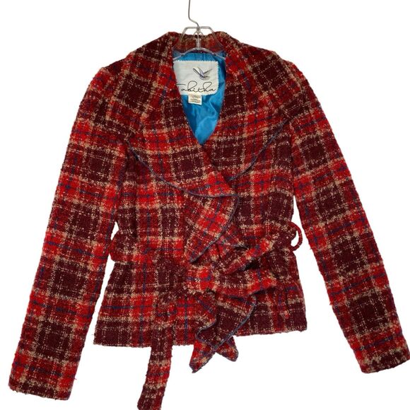 Boucle Jacket XS Tartan Red Belted Ruffled Academia Retro Feminine Anthropologie - Picture 1 of 8